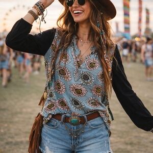 Floral Print Women's Top Black Sleeves Upcycle Sustainable Shirt Festival Boho